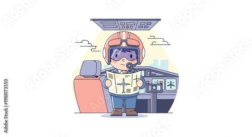 Cartoon astronaut standing in front of spaceship with helmet and backpack