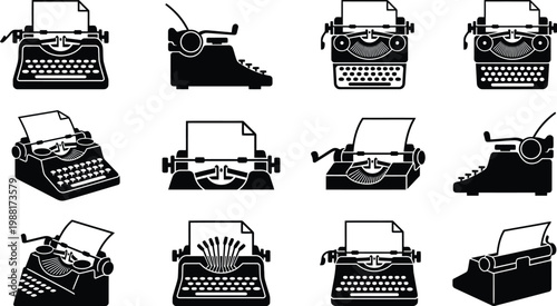 Sammlung von zwölf detaillierten Silhouetten klassischer Schreibmaschinen aus verschiedenen Perspektiven.