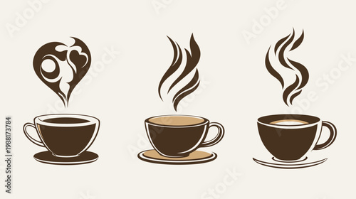 Three coffee cup illustrations, each with different steam designs, on a light beige background