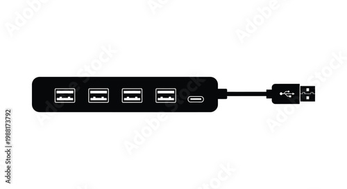 Black usb hub with multiple ports and cable a dark silhouette