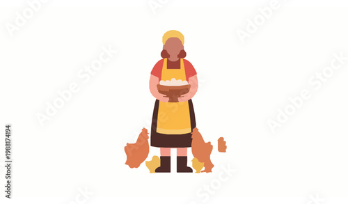Woman with basket of eggs vector farm scene chickens ducks rural illustration