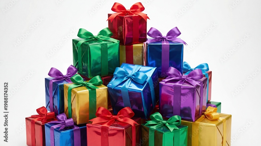 Fototapeta premium Brightly Wrapped Gift Boxes Stacked High Ready for Celebration