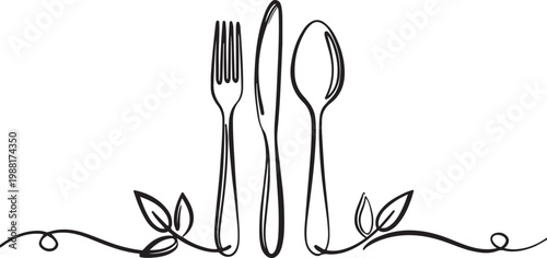Minimalist continuous line drawing of cutlery with fork, knife, and spoon