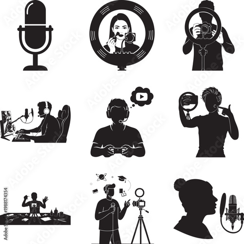 Black and white of creators, streamers, and influencers msea set vlogger