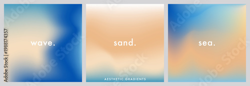 Abstract gradient backgrounds in sand beige and light blue tones inspired by beach and sea waves. Soft smooth transitions, airy texture. Calm coastal backdrop for travel, social media posts, banners