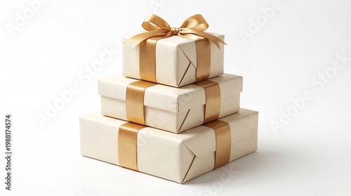 Elegant stack of three cream gift boxes with gold ribbon and bows