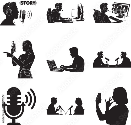 Black and white silhouettes of creators, podcasters and streamers msea set
