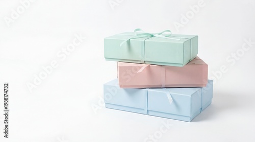 Stack of pastel colored gift boxes tied with ribbon
