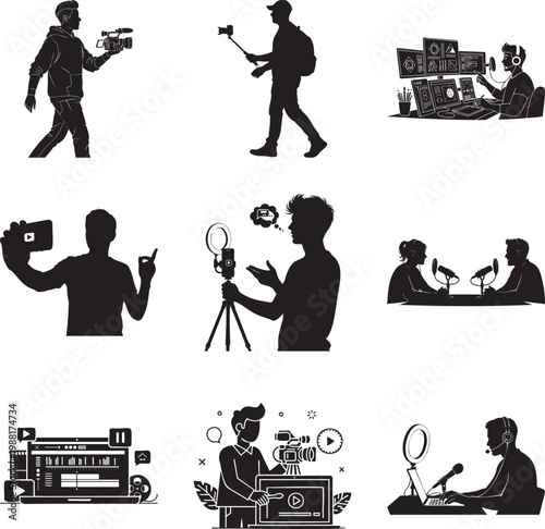 Black silhouette of creators, editors, and podcasters msea set vlogger