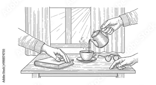 Hands pouring coffee near open book and glasses on wooden table