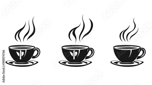 Three stylized, black coffee cups with steam rising from them, on a white background
