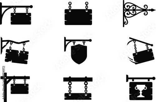 Vintage hanging sign vector icon set. Features various blank wooden and metal shop signs with ornate brackets and chains. Classic design elements for taverns, businesses, and announcements.