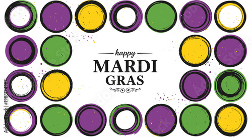 Mardi Gras icons, colorful purple green yellow circles, festive party decorations, celebration design elements