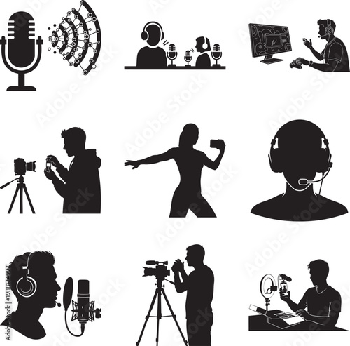 Black silhouette of creators, podcasters, and streamers msea set microphone
