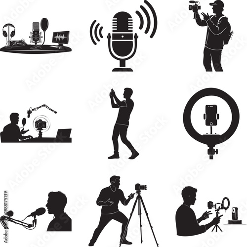 Black silhouette of creators, podcasters, and videographers msea set