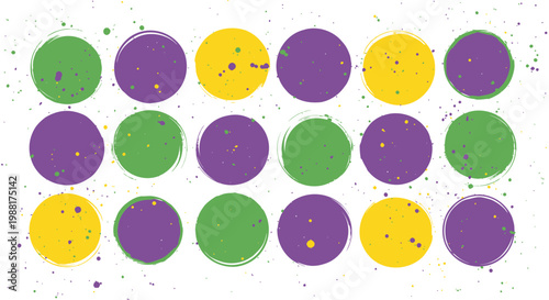 Mardi Gras, colorful confetti dots, purple green yellow circles, festive party decorations, vector icons
