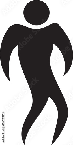 A stylized, dynamic black silhouette of a human figure in motion, possibly dancing or walking, rendered as an abstract vector icon isolated on a white background, representing action or individuality