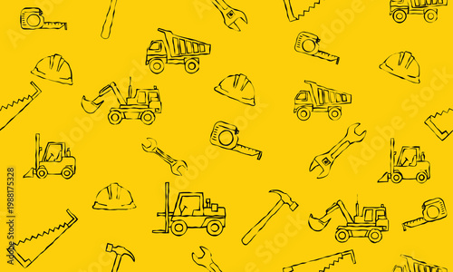 Construction tools and vehicles seamless distressed pattern on a yellow background