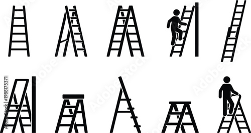 Sammlung von Piktogrammen, die verschiedene Leitertypen und deren Nutzung darstellen.