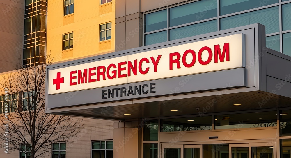 Naklejka premium Exterior view of a modern hospital emergency room entrance with a glowing sign at sunset