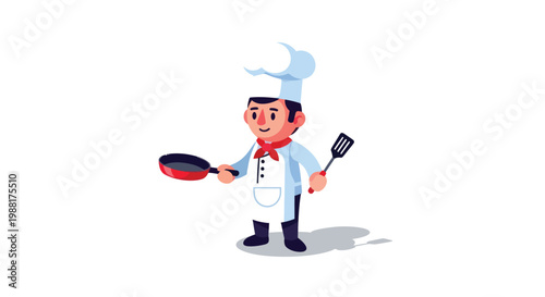 Cartoon chef holding frying pan and spatula in kitchen uniform
