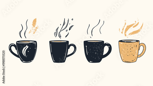 Four stylized coffee cups, each with rising steam against a cream background