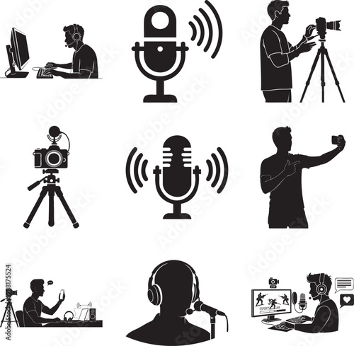 Black silhouette of creators, streamers, and podcasters msea set streaming