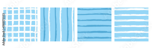 Blue coastal seamless pattern set. Baby stripes brush stroke and gingham grid for a male or sea pastel theme. Wavy abstract streak seamless backdrops set. Vector lines and plaid patterns collection.