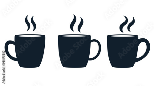 Three stylized mugs of hot beverage with rising steam, against a white background