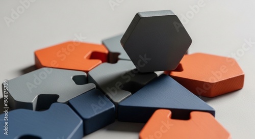 Abstract Geometric Puzzle with Interlocking Hexagon, Square and Triangle Shapes in Grey, Blue and Orange