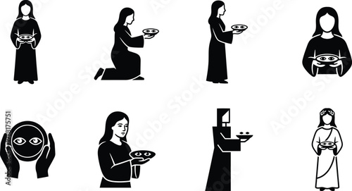 Eine Sammlung von Schwarz-Weiß-Silhouetten, die Menschen, hauptsächlich Frauen, beim Halten und Präsentieren von Schalen oder Opfergaben zeigen.