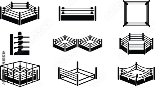 Sammlung von neun verschiedenen Kampfringen, darunter Boxringe, Wrestling-Ringe und Käfige, als Schwarz-Weiß-Silhouetten.