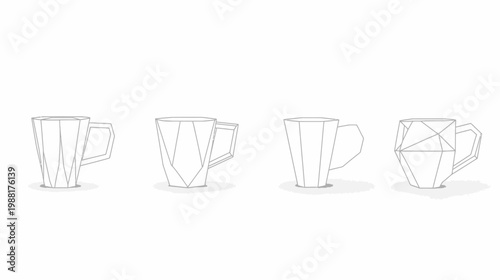 Four geometric mugs, each with a handle, rendered with lines on a white backdrop with shadows