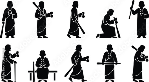 Zehn schwarze Silhouetten eines buddhistischen Mönchs oder Pilgers in verschiedenen traditionellen Posen, mit Stab und Glocke.