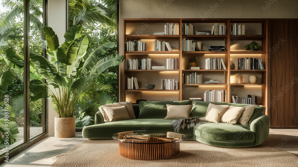 Fototapeta premium Modern living room with green curved sofa and wooden bookshelf for zoom virtual meetings backgrounds backdrop