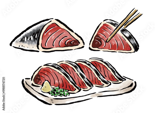 かつおのたたき　皿に盛ったもの・ブロック・箸でつまむ　筆タッチ手描きイラスト