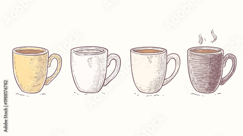 A row of four sketch-style coffee mugs, various colors and textures, on a light background