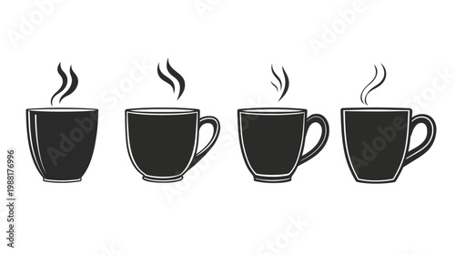 Four black coffee mugs, each with rising steam, on a white background, simple monochrome