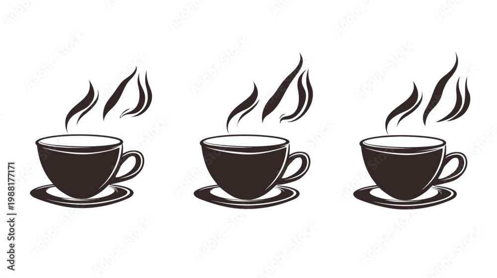 Obraz premium Illustration featuring three dark brown coffee cups with steam rising, on white