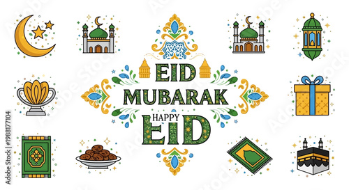 Eid Mubarak festive Islamic greeting card.