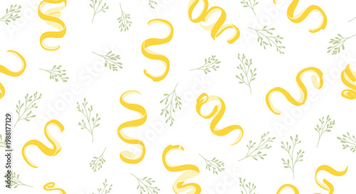 Yellow Squash, Squiggly Vegetables, Green Leaves Pattern, Seamless Background