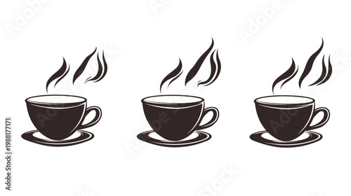 Illustration featuring three dark brown coffee cups with steam rising, on white
