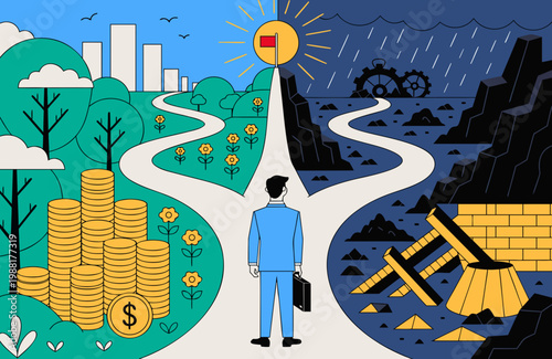 Person at forked road: left path bright with trees, flowers, coins (prosperity); right path dark with ruins, gears (hardship); both lead to sun with red flag (goal).