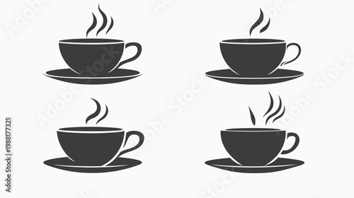 Four black silhouette illustrations of a teacup and saucer with steam rising above, on white background