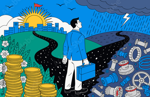 A metaphorical digital illustration depicting a professional man standing at a literal crossroads, representing a significant career or financial decision.