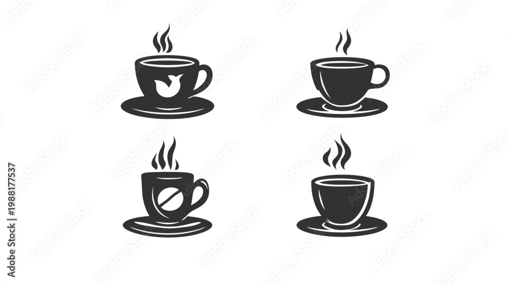 Obraz premium Four stylized coffee cups, each with steam, are arranged. One has a bird inside, another a forbidden symbol