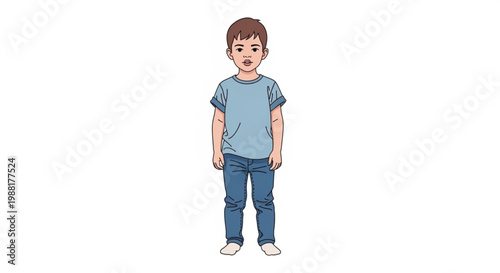 Young boy in a blue t-shirt and jeans standing and looking forward isolated on white background illustration for childrens concepts