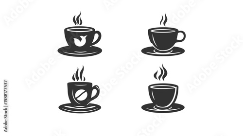 Four stylized coffee cups, each with steam, are arranged. One has a bird inside, another a forbidden symbol