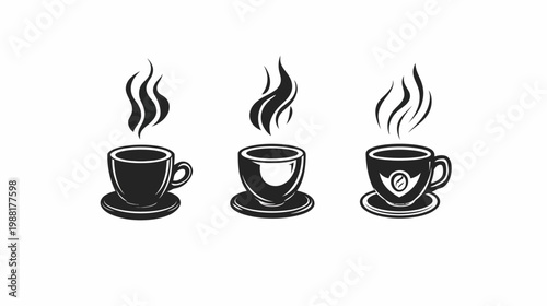 Three stylized coffee cups with steam rising, set on saucers, depicted in black and white