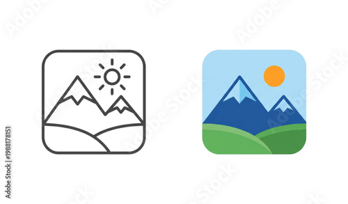  minimalist vector graphic illustration of mountains and sun